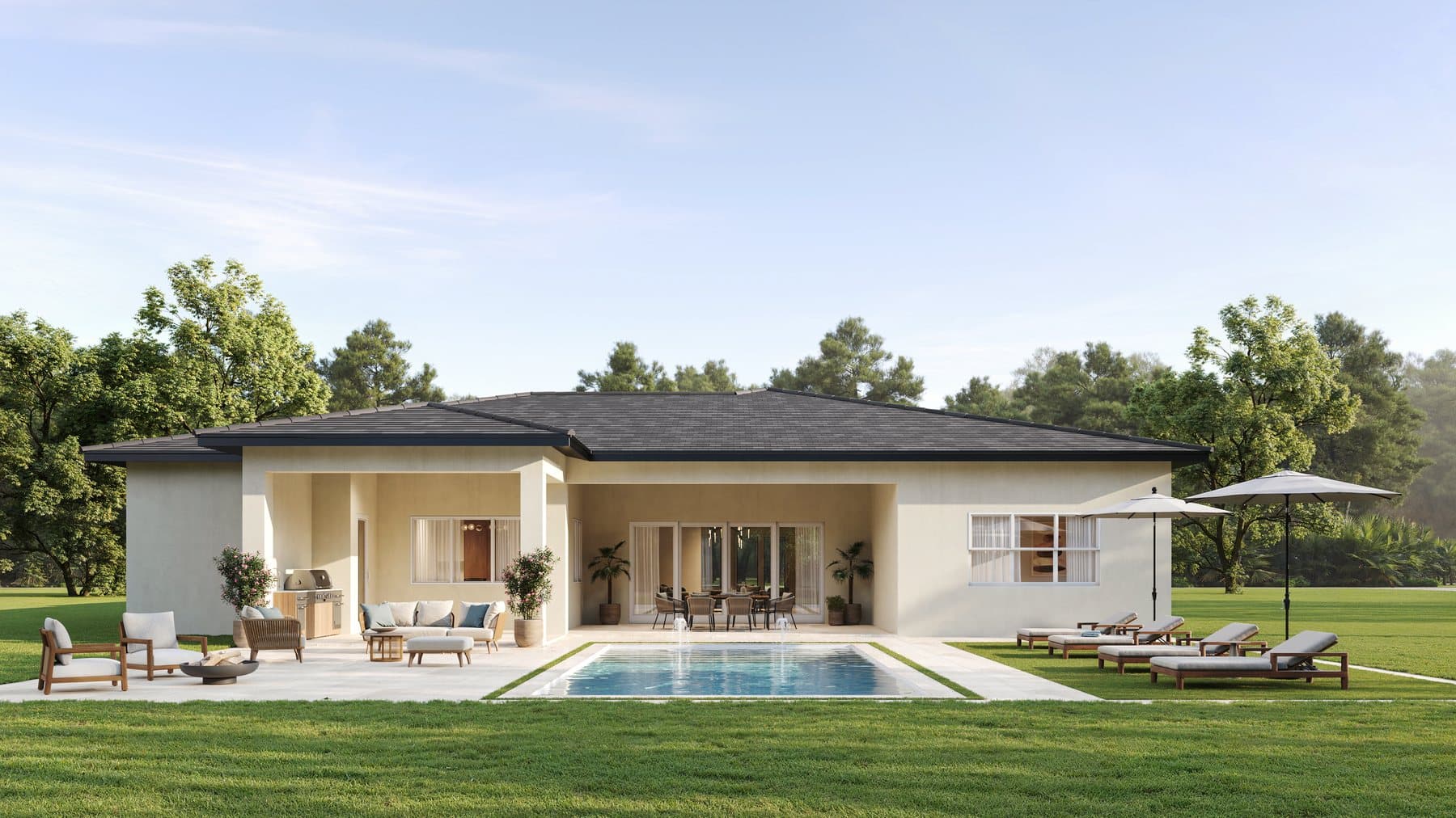 Rear elevation — pool, covered outdoor living and summer kitchen