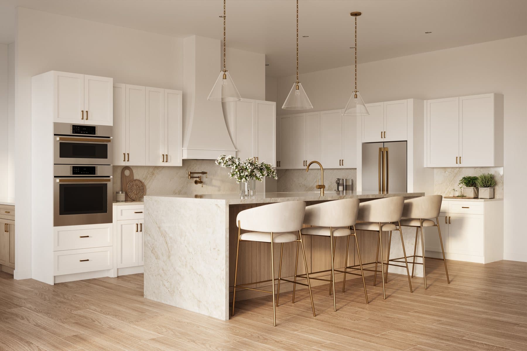 Kitchen — White Shaker perimeter, oak island, waterfall stone counters