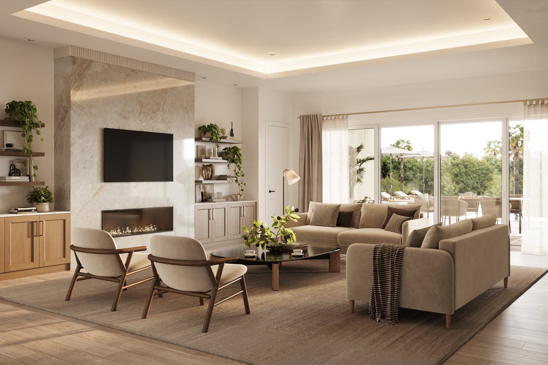 Great room — slab fireplace wall, sliders to the covered lanai
